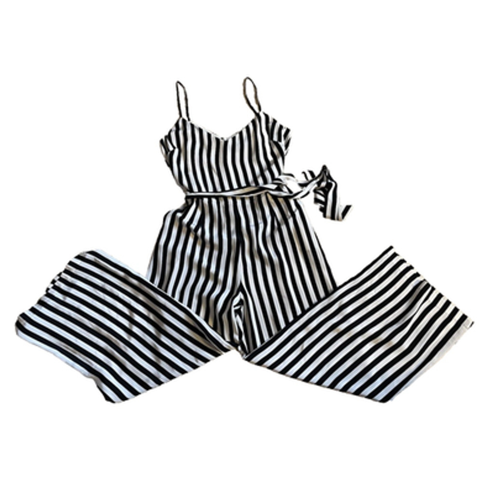 L'Agence Black White Stripe Sleeveless Silk Wide Leg Belted Jumpsuit Sz 4